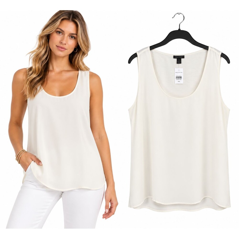 New Ann Taylor Shell Blouse Top Size XXL Sleeveless Mixed Media Scoop Neck Ivory
